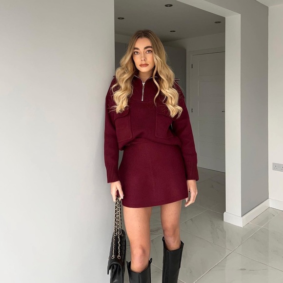 Zara Set - Burgundy Wool Blend Knit Zip Sweater & Mini Skirt - Picture 4 of 17